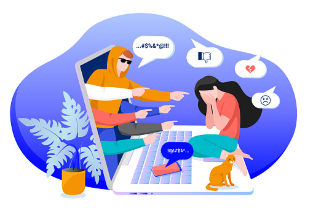 Cyber bullying in social networks and online abuse concept. Vector flat cartoon illustration of upset girl character. Young woman crying in front of laptop screen due to haters messages